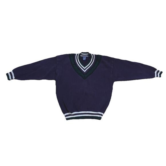 Vtg GAP V Neck Cable Knit Sweater Pullover Tennis Style Purple-Green-White XL - Picture 1 of 7